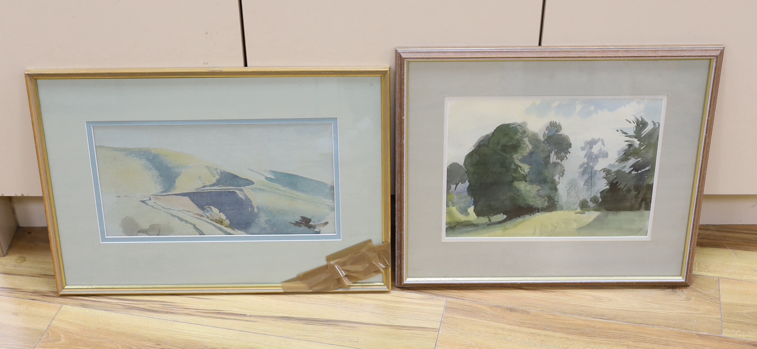 Two watercolours, landscapes, one inscribed Eric Ravilious, 1939, Near Cuckmere, Sussex verso, unsigned, 27 x 36cm